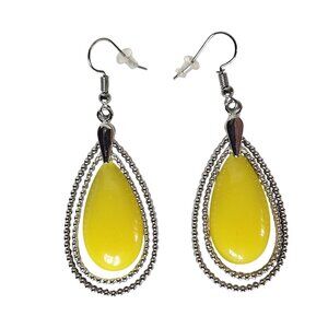 Yellow Teardrop Dangle Earrings Silver Beaded Boho Jewelry